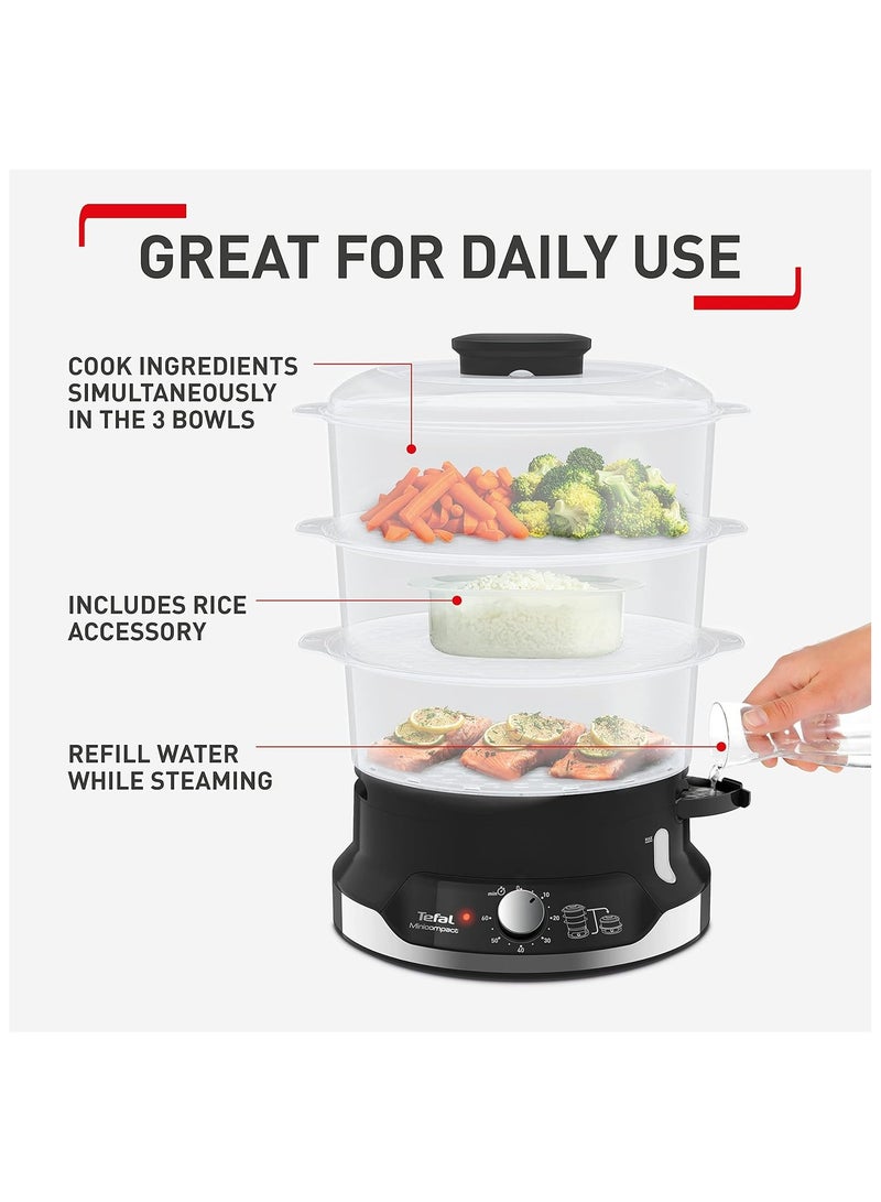 تيفال Ultracompact Steam Cooker, 9L Capacity, 3-Tier Food Steamer, Stackable Storage System, BPA-Free Bowls, 60-Min Timer, Refill While Steaming, Rice Accessory, Removable Cooking Bowls, Black, VC204865 9 L 800 W VC204865 Black  - Image 3