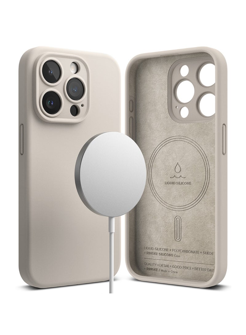 Ringke Silicone Magnetic [Compatible with MagSafe] Designed for iPhone 15 Pro Max Case, Feels Velvety Lightweight Slim Cute Soft Phone Cover for Women, Men STONE - Image 1