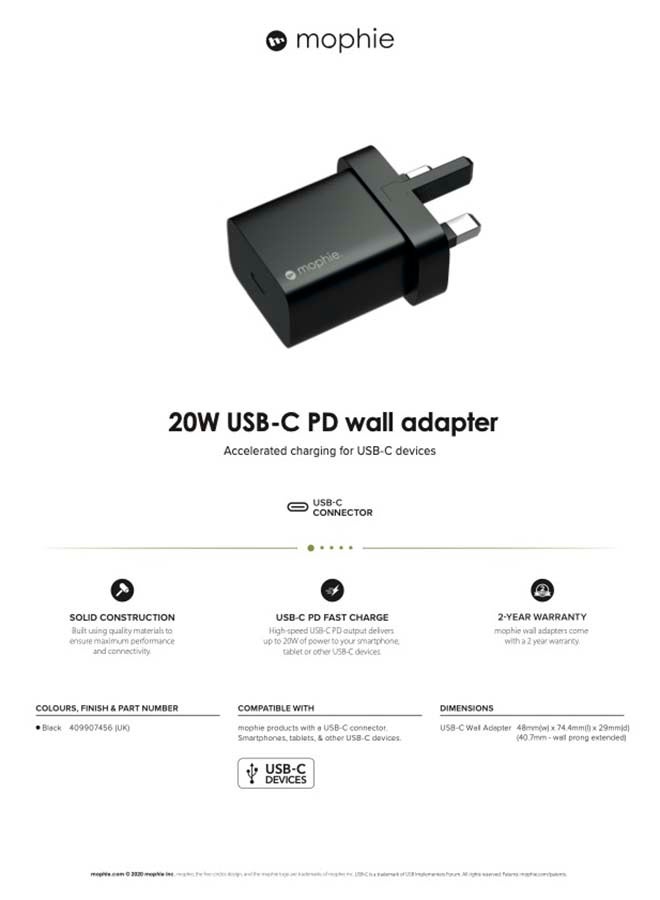 mophie 20W USB-C PD Wall Adapter 3 PIN - black - Image 3