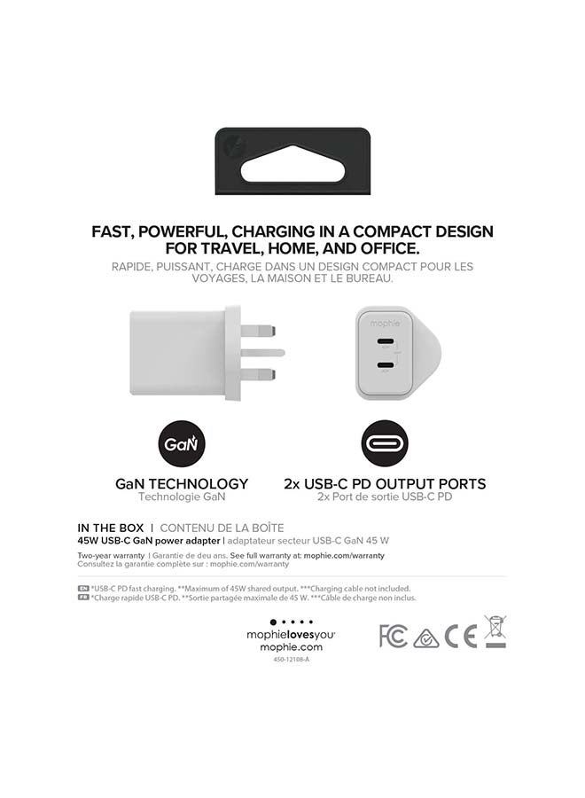 mophie Wall Adapter Dual USB C PD 45W GAN - White UK white - Image 4