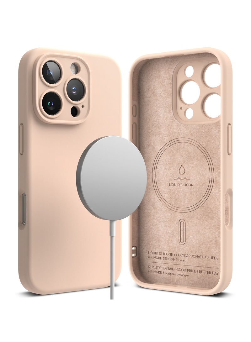 Ringke Silicone Magnetic [Compatible with MagSafe] Designed for iPhone 16 Pro Max Case, Feels Velvety Lightweight Slim Cute Soft Phone Cover for Women, Men PINK SAND - Image 1