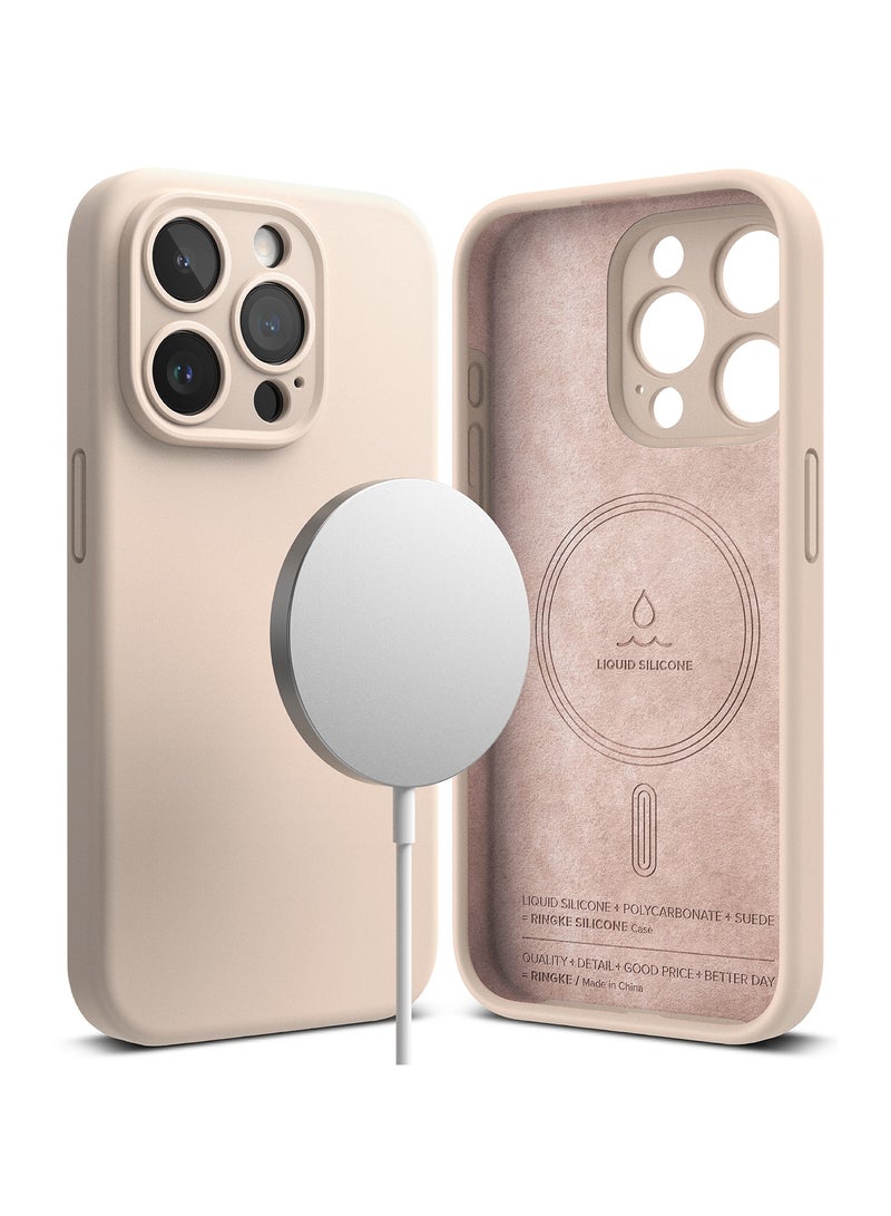 Ringke Silicone Magnetic [Compatible with MagSafe] Designed for iPhone 15 Pro Max Case, Feels Velvety Lightweight Slim Cute Soft Phone Cover for Women, Men PINK SAND - Image 1