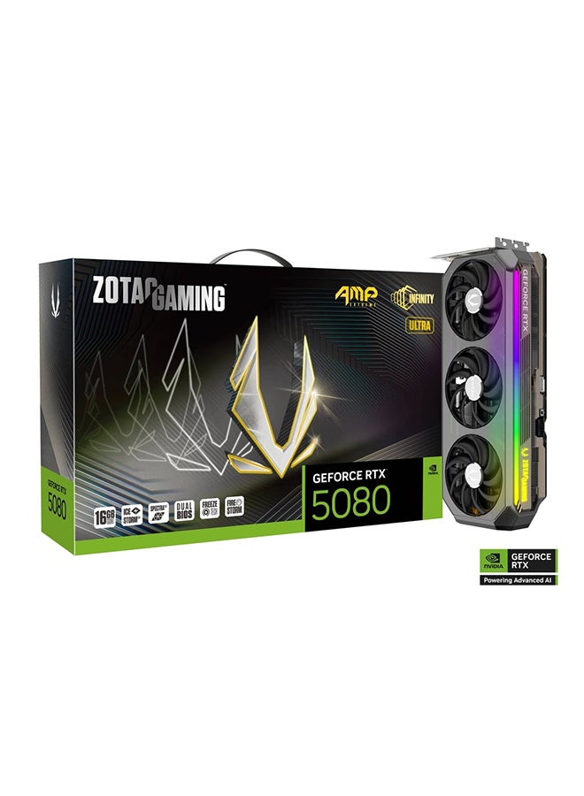 ZOTAC GAMING GeForce RTX 5080 AMP Extreme INFINITY ULTRA 16GB GDDR7 Graphics Card, NVIDIA Blackwell GB203, 10752 CUDA Cores, 2670MHz Boost Clock, IceStorm 3.0 Cooling, 960GB/s Bandwidth, 338W TDP, SPECTRA 2.0 RGB Infinity Mirror, PCIe 5.0, 4K & Ray Tracing Ready, Dual BIOS, GPU Support Bracket Included | ZT-B50800BU-10P  - Image 1