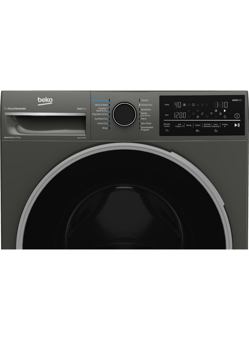 Beko Automatic Washing Machine with Dryer - 12KG/8KG - 1400 RPM - 14 Programs - Digital Screen - ProSmart Inverter Motor - Smart Control (Wi-Fi & Bluetooth) - Steam 12 kg BWD12840MCI Manhattan Grey  - Image 4