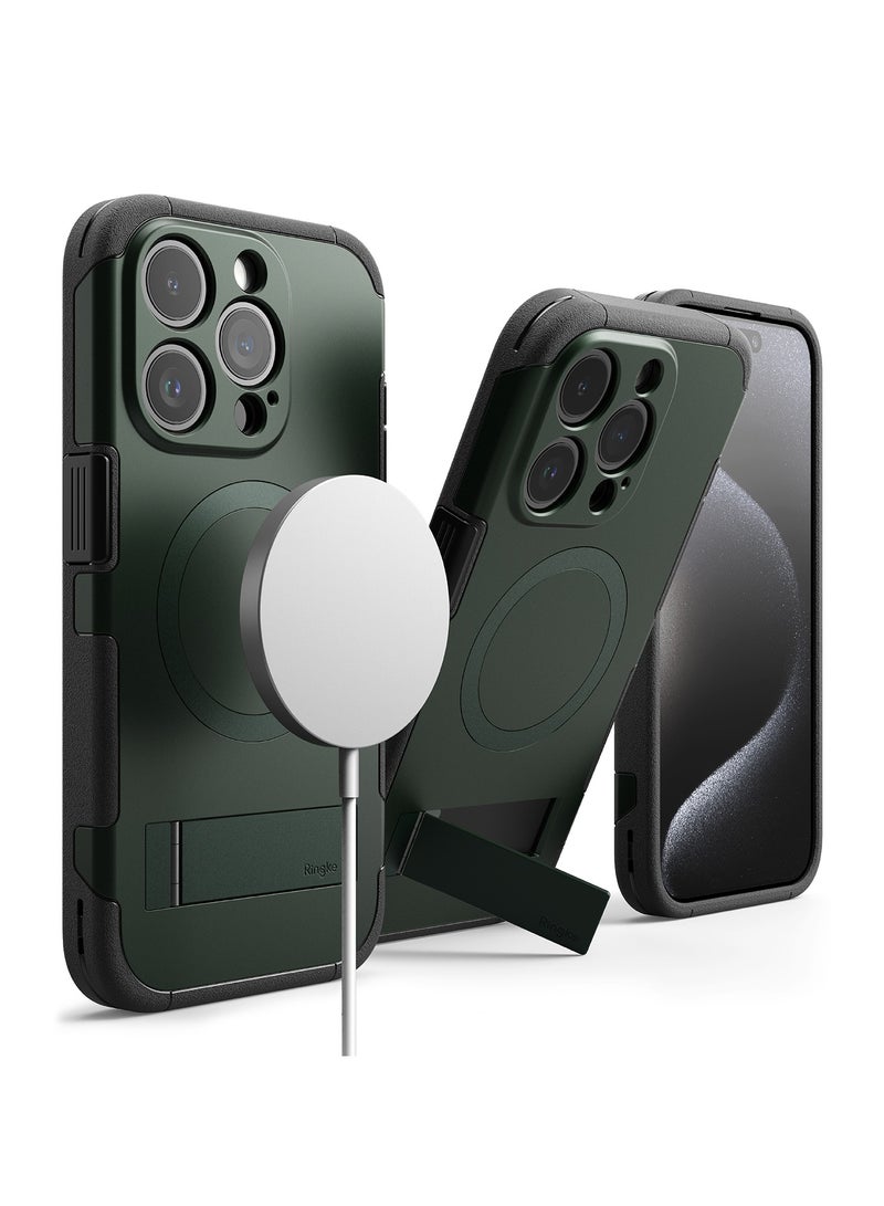 Ringke Alles [Compatible with Magsafe] Designed for iPhone 15 Pro Max Case, Protective Case with Stand Powerful Magnetic Cover Precise Cutouts for Camera Lenses DARK GREEN - Image 1