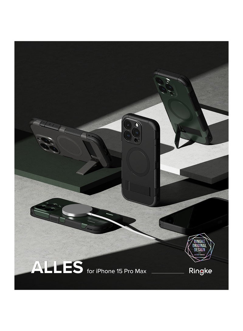 Ringke Alles [Compatible with Magsafe] Designed for iPhone 15 Pro Max Case, Protective Case with Stand Powerful Magnetic Cover Precise Cutouts for Camera Lenses DARK GREEN - Image 2