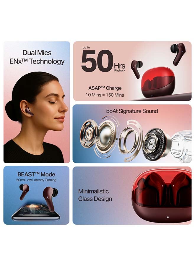 boAt Airdopes Plus 311 TWS Earbuds with 50hrs Playback, Dual Mics with ENx™ Technology, Signature Sound, 50ms Low-Latency BEAST™ Mode, ASAP™ Charge, IWP™ Tech, BT v5.3 & IPX4 Water Resistance - Crimson Red - Image 2