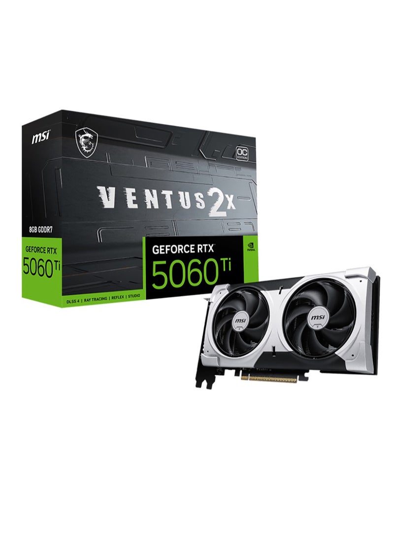 MSI GeForce RTX 5060 Ti 8GB GDDR7 VENTUS 2X OC PLUS Graphics Card, Dual TORX FAN 5.0, 2602 MHz Boost Clock (2617 MHz Extreme), PCIe 4.0, DLSS 4, Ray Tracing, Metal Backplate, HDMI 2.1, DisplayPort 1.4a, VR-Ready, Overclocking Support, Black | G506T-8V2CP  - Image 1