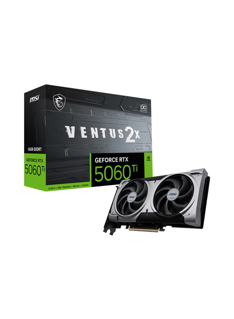 إم اس أي GeForce RTX 5060 Ti 16GB VENTUS 2X OC PLUS Graphics Card - NVIDIA Blackwell Architecture, 4,608 CUDA Cores, 2,617 MHz Boost Clock, 16GB GDDR7, 28Gbps Memory Speed, 448GB/s Bandwidth, Dual-Fan TORX 5.0 Cooling, 8K Resolution Support, DLSS 4, Ray Tracing, PCIe 5.0, HDMI 2.1, DisplayPort 2.1, Black | G506T-16V2CP  - Image 1