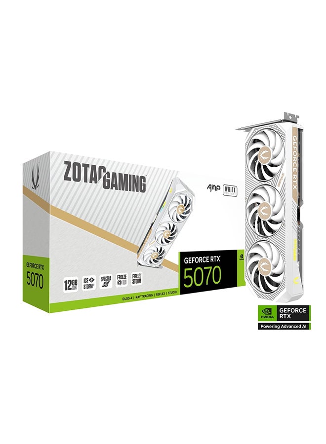ZOTAC GAMING GeForce RTX 5070 AMP White Edition 12GB GDDR7 Graphics Card, 6144 CUDA Cores, 2587 MHz Boost Clock, PCIe 5.0, IceStorm 2.0 Cooling, BladeLink Fans, FREEZE Fan Stop, Spectra RGB, HDMI 2.1b & 3x DisplayPort 2.1b, Metal Backplate, GPU Support Bracket, 12V-2x6 Power, 192-bit, DLSS 4, Ray Tracing, VR Ready, FireStorm Utility, White Graphics Card | ZT-B50700FQ-10P  - Image 1