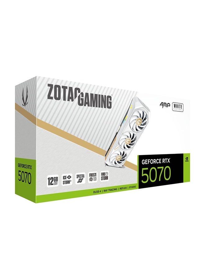 ZOTAC - GAMING GeForce RTX 5070 AMP White Edition 12GB GDDR7 Graphics Card, 6144 CUDA Cores, 2587 MHz Boost Clock, PCIe 5.0, IceStorm 2.0 Cooling, BladeLink Fans, FREEZE Fan Stop, Spectra RGB, HDMI 2.1b & 3x DisplayPort 2.1b, Metal Backplate, GPU Support Bracket, 12V-2x6 Power, 192-bit, DLSS 4, Ray Tracing, VR Ready, FireStorm Utility, White Graphics Card | ZT-B50700FQ-10P - Image 1