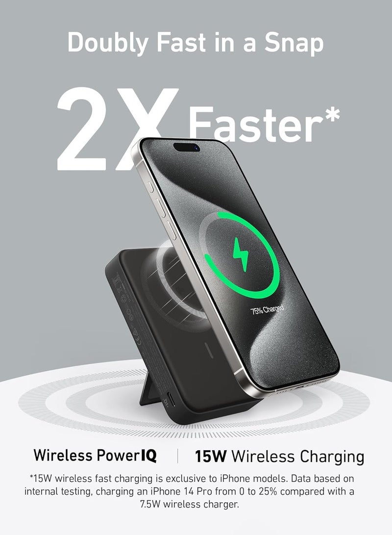 Anker - 10000 mAh MagGo Power Bank-Qi2 Certified 15W Ultra-Fast MagSafe-Compatible Portable Charger, 10,000mAh Battery Pack with Smart Display and Foldable Stand, For iPhone 12\13\14\15 Only(USB-C Cable Included) Black - Image 1
