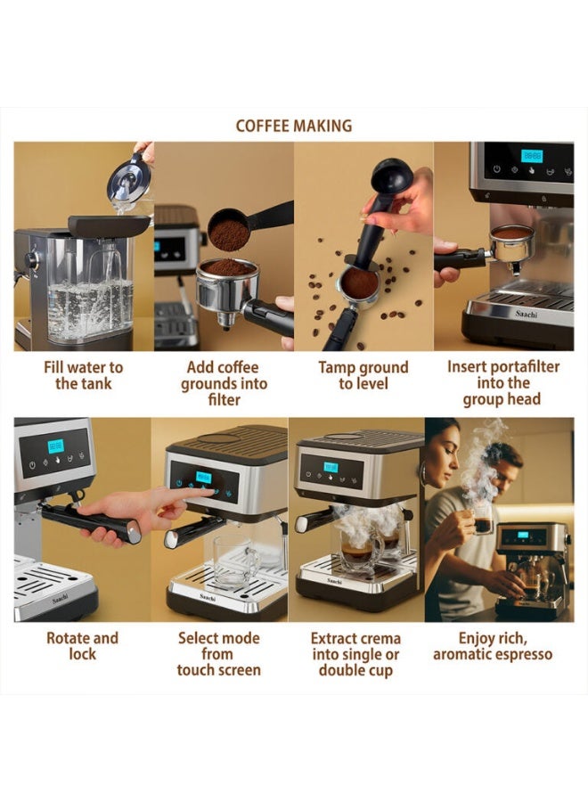 Saachi 20-Bar Espresso Coffee Maker NL-COF-7076D with Digital Touch Display, Single & Double Cup Brewing, 1.6L Water Tank, Adjustable Steam Speed, Milk Frother & Stainless-Steel Body 1.6 L 1100 W NL-COF-7076D-BK Black - Image 4