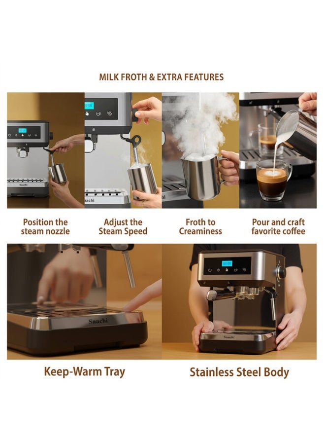 Saachi 20-Bar Espresso Coffee Maker NL-COF-7076D with Digital Touch Display, Single & Double Cup Brewing, 1.6L Water Tank, Adjustable Steam Speed, Milk Frother & Stainless-Steel Body 1.6 L 1100 W NL-COF-7076D-BK Black - Image 5