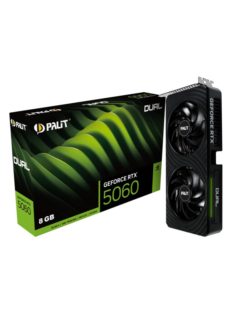 Palit GeForce RTX 5060 Dual 8GB GDDR6 Graphics Card, NVIDIA Blackwell Architecture, Dual 95mm Fans, DLSS 4 & Ray Tracing, HDMI & DisplayPort, 2-Slot Compact Design, RGB Lighting, Customizable Shroud, PCIe 4.0, VR-Ready, 4K & AI Gaming Support | NE75060019P1-GB2063D  - Image 1