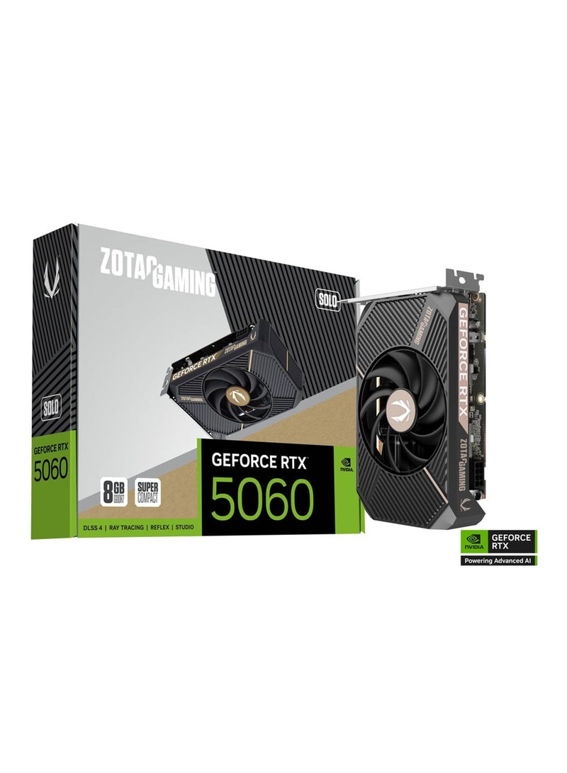 ZOTAC GAMING GeForce RTX 5060 SOLO 8GB GDDR7 Graphics Card, 3840 CUDA Cores, 128-bit, 28Gbps, PCIe 5.0 x8, IceStorm 2.0 Cooling, BladeLink Fans, DLSS 4, 2497MHz Boost Clock, HDMI 2.1b & 3x DisplayPort 2.1b, Compact ITX Design, 145W TDP, 8-Pin Power, Black | ZT-B50600G-10L  - Image 1