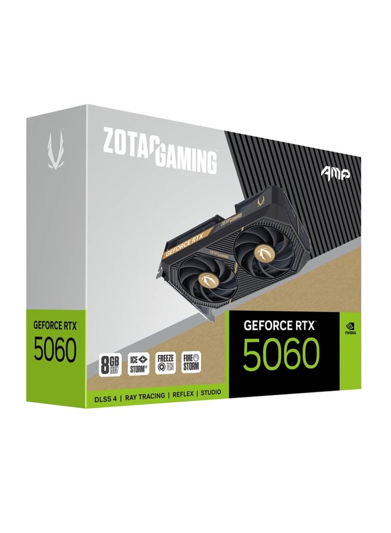 GAMING GeForce RTX 5060 AMP Graphics Card, 8GB GDDR7, 128-bit, 3840 CUDA Cores, 28 Gbps Memory Speed, 2550 MHz Boost Clock, PCIe 5.0 x8, IceStorm 2.0 Cooling with Blade Fan, DLSS 4, Ray Tracing, 3x DisplayPort 2.1b + 1x HDMI 2.1b, 155W TDP, 8-Pin Power Connector, Compact Dual-Fan Design, VR Ready, Black | ZT-B50600F-10M