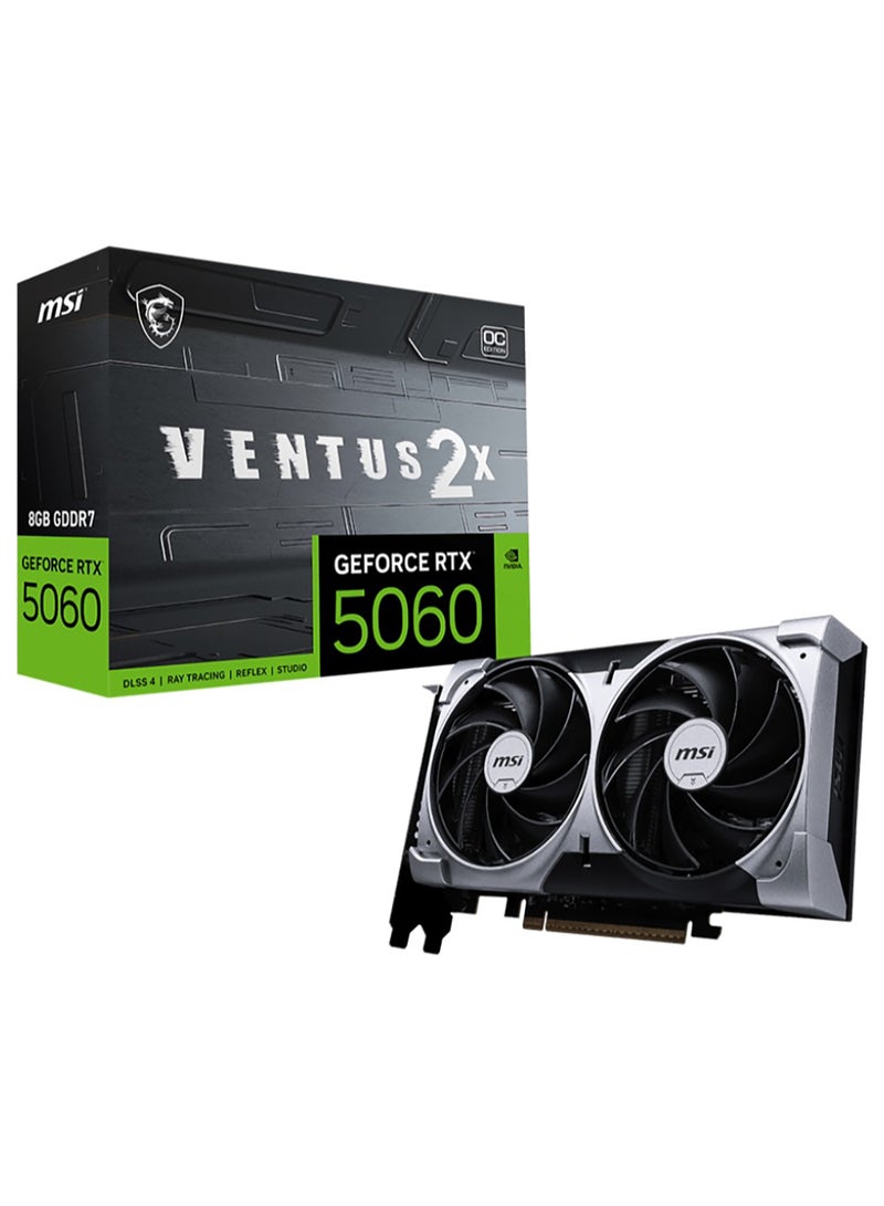 MSI GeForce RTX 5060 8G VENTUS 2X OC Graphics Card, 8GB GDDR7, 3840 CUDA Cores, 2,535 MHz Boost Clock, DLSS 4, Ray Tracing, PCIe Gen 5, Dual-Fan Cooling, HDMI 2.1b, DisplayPort 2.1b, 128-Bit, 145W TDP, Up to 8K Resolution, VR & G-SYNC Ready | 912-V537-017  - Image 1