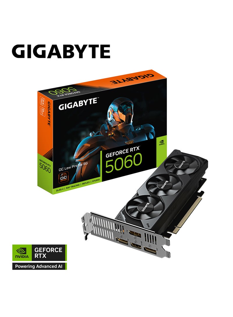 GIGABYTE - GeForce RTX 5060 OC Low Profile 8GB GDDR7 Graphics Card, 3840 CUDA Cores, 2512 MHz Boost Clock, 128-bit, 28Gbps, Dual Fan Cooling, 4K/8K Display, 4 Outputs (3x DisplayPort 2.1b + 1x HDMI 2.1b), 150W TDP, Compact 182mm Design, DLSS 4, Blackwell Architecture | GV-N5060OC-8GL - Image 1