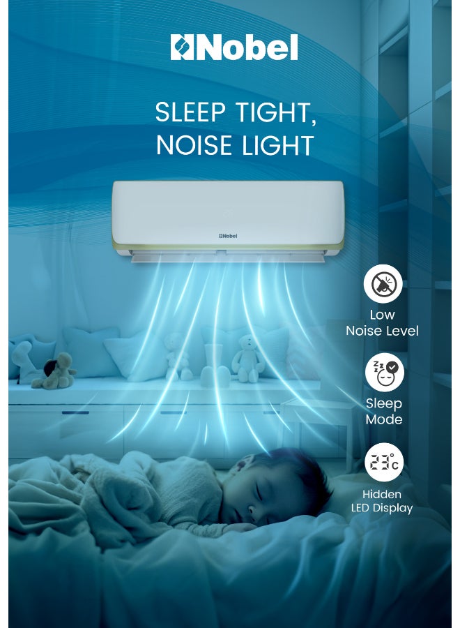 نوبل مكيف هواء سبليت عالي الأداء 24000 وحدة BTU للتبريد فقط مع غاز التبريد R32، ضاغط دوار، توافق مع مناخ T3، إعادة تشغيل تلقائية، تدفق هواء بأربعة اتجاهات، حماية من الفين الذهبي – فعال وموثوق في البيئات الحارة – تشغيل موفر للطاقة، بناء متين، ودورة هواء متقدمة لراحة مثالية في الغرف الكبيرة أو المساحات التجارية. - Image 2