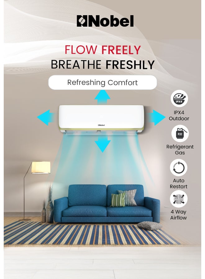 نوبل مكيف هواء سبليت عالي الأداء 24000 وحدة BTU للتبريد فقط مع غاز التبريد R32، ضاغط دوار، توافق مع مناخ T3، إعادة تشغيل تلقائية، تدفق هواء بأربعة اتجاهات، حماية من الفين الذهبي – فعال وموثوق في البيئات الحارة – تشغيل موفر للطاقة، بناء متين، ودورة هواء متقدمة لراحة مثالية في الغرف الكبيرة أو المساحات التجارية. - Image 5