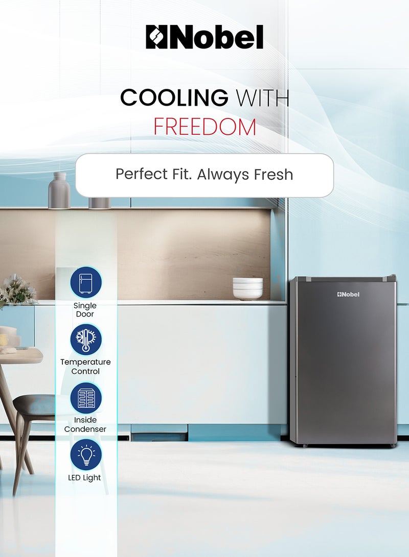 نوبل Compact 140L Single Door Refrigerator with Defrost Cooling, Mechanical Temperature Control, R600a Refrigerant, LED Light, Recessed Handle, Energy Efficient (107 kWh/Year), Low Noise Operation – Stylish Dark Grey Finish, Inside Condenser – Ideal for Dorms, Small Apartments, or Offices – 220-240V~, 50Hz Operation 107 kW NR140 Grey - Image 5
