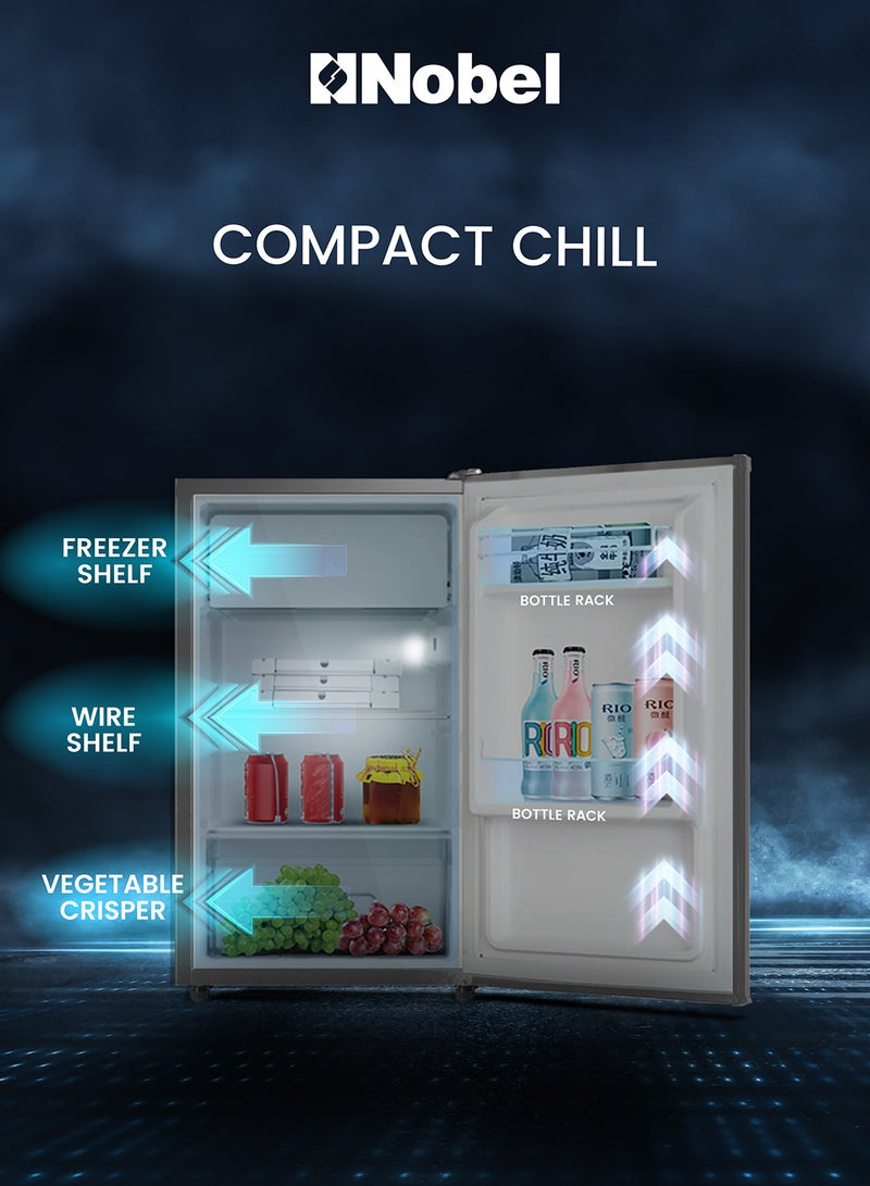 نوبل Compact 140L Single Door Refrigerator with Defrost Cooling, Mechanical Temperature Control, R600a Refrigerant, LED Light, Recessed Handle, Energy Efficient (107 kWh/Year), Low Noise Operation – Stylish Dark Grey Finish, Inside Condenser – Ideal for Dorms, Small Apartments, or Offices – 220-240V~, 50Hz Operation 107 kW NR140 Grey - Image 2