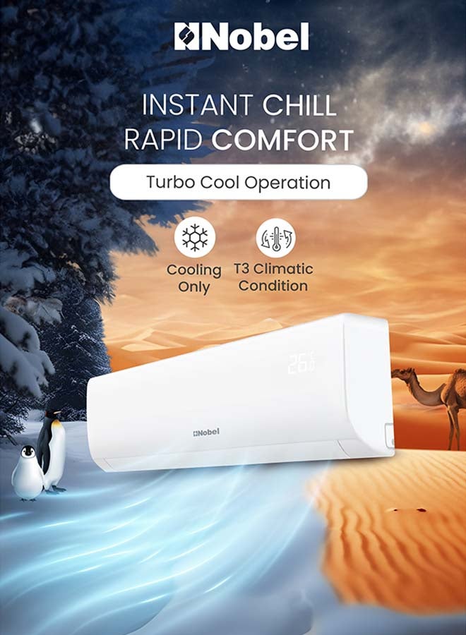 Nobel Split Air Conditioner T3 24000 BTU Cooling Only, Rotary Compressor, Gold Fin, R410A, Auto Restart – (1 Year Warranty) 3100 W NSAC24TN White - Image 3
