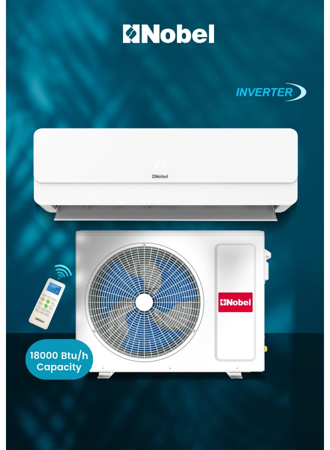 نوبل مكيف هواء سبليت إنفيرتر – 18000 وحدة حرارية BTU، 1.5 طن، غاز تبريد R410A، ضاغط دوار، تدفق هواء 4 اتجاهات، تصميم مناخ T3، طلاء ذهبي، حماية من الحمل الزائد، إعادة تشغيل تلقائية، استخراج رطوبة سريع – تبريد موفر للطاقة للمنازل والمكاتب مع وحدات داخلية وخارجية قوية. - Image 1