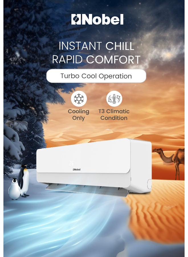 نوبل مكيف هواء سبليت إنفيرتر – 18000 وحدة حرارية BTU، 1.5 طن، غاز تبريد R410A، ضاغط دوار، تدفق هواء 4 اتجاهات، تصميم مناخ T3، طلاء ذهبي، حماية من الحمل الزائد، إعادة تشغيل تلقائية، استخراج رطوبة سريع – تبريد موفر للطاقة للمنازل والمكاتب مع وحدات داخلية وخارجية قوية. - Image 3