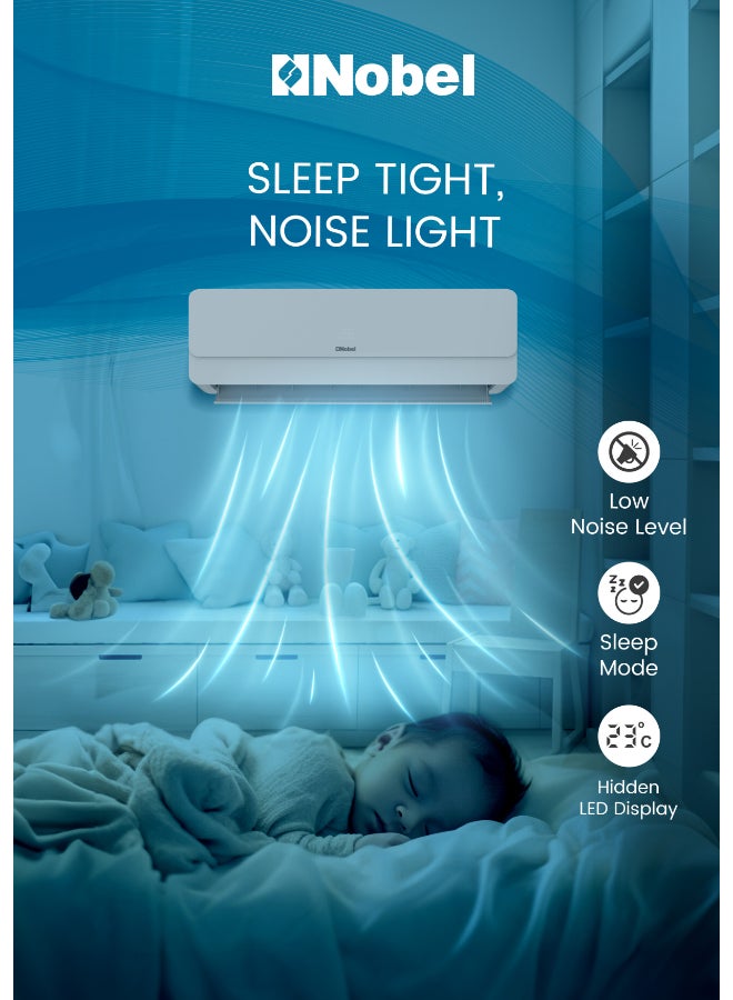 نوبل مكيف هواء سبليت إنفيرتر – 18000 وحدة حرارية BTU، 1.5 طن، غاز تبريد R410A، ضاغط دوار، تدفق هواء 4 اتجاهات، تصميم مناخ T3، طلاء ذهبي، حماية من الحمل الزائد، إعادة تشغيل تلقائية، استخراج رطوبة سريع – تبريد موفر للطاقة للمنازل والمكاتب مع وحدات داخلية وخارجية قوية. - Image 2