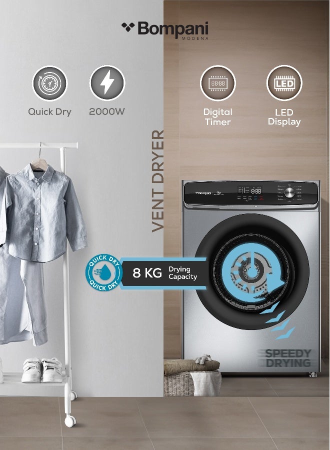 Bompani 8kg Vented Front Load Dryer with 12 Drying Programs – LED Display, Anti-Crease, Low Temp Drying, Child Lock 8 L 2000 W BO5290UKBI7200S Grey - Image 1