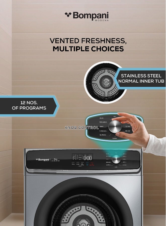 Bompani 8kg Vented Front Load Dryer with 12 Drying Programs – LED Display, Anti-Crease, Low Temp Drying, Child Lock 8 L 2000 W BO5290UKBI7200S Grey - Image 4