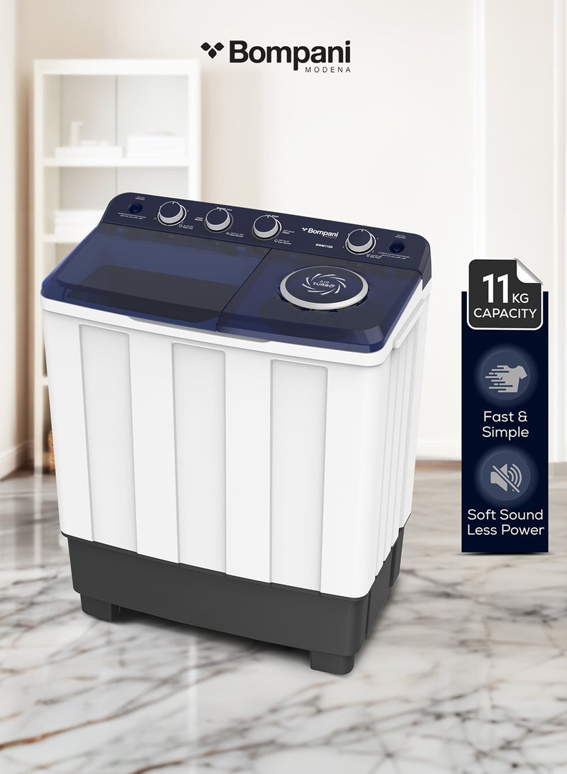 Bompani 11kg Top Load Semi-Automatic Twin Tub Washing Machine – 6kg Spin, 4 Knob Control, Transparent Lid, Lint Filter, Wash Selector 11 L 680 W BWM1150I White - Image 1