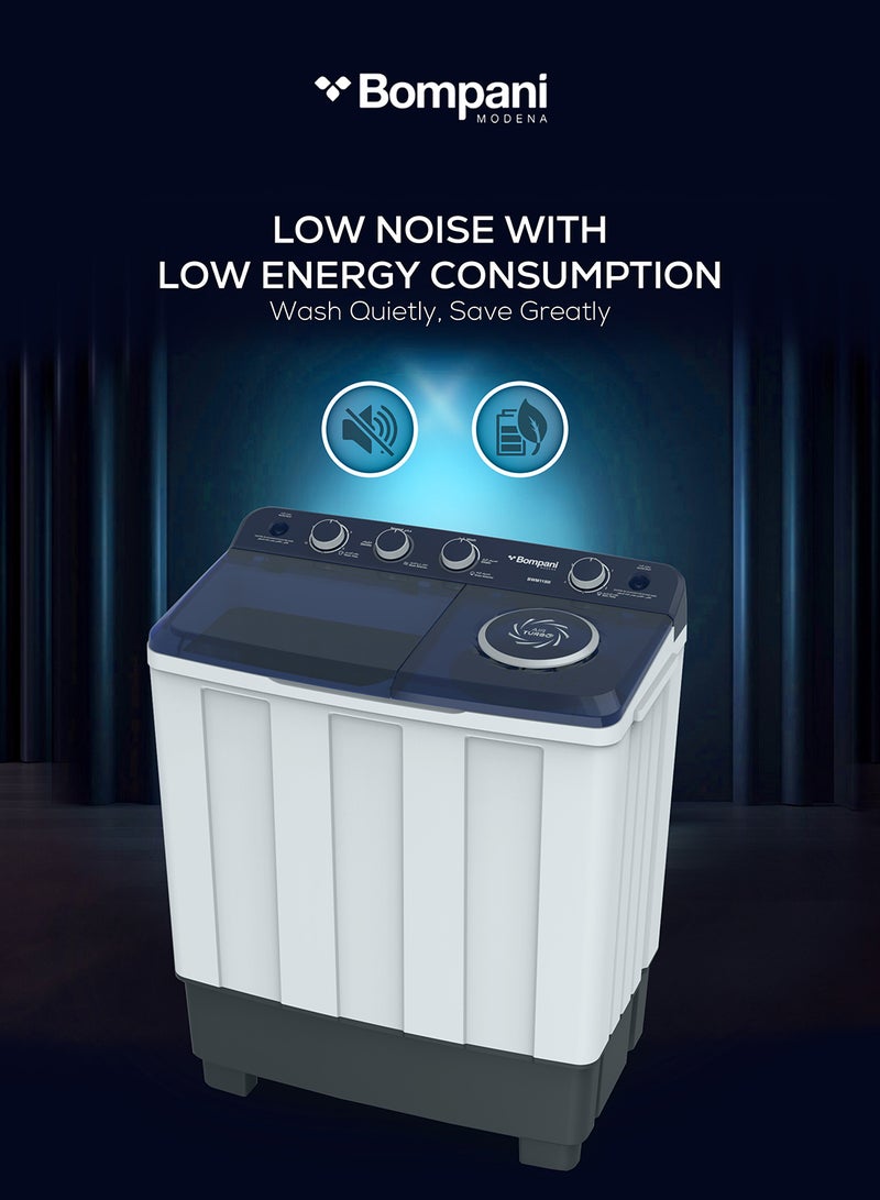 Bompani 11kg Top Load Semi-Automatic Twin Tub Washing Machine – 6kg Spin, 4 Knob Control, Transparent Lid, Lint Filter, Wash Selector 11 L 680 W BWM1150I White - Image 3