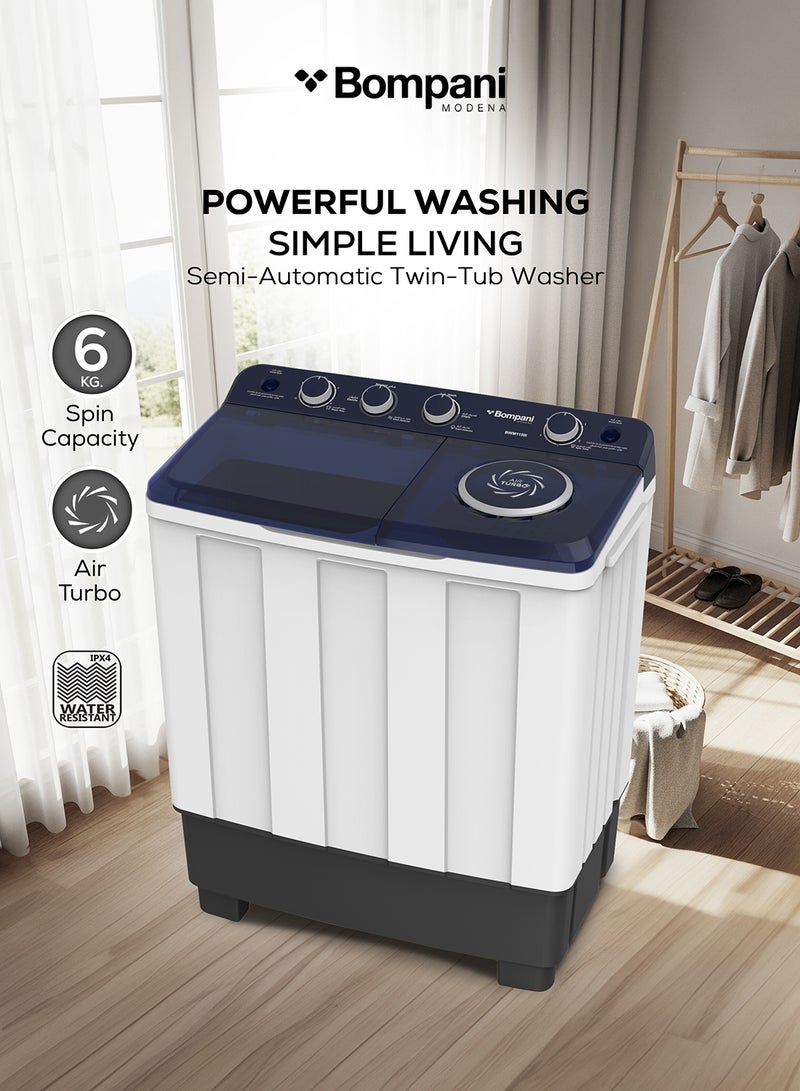 Bompani 11kg Top Load Semi-Automatic Twin Tub Washing Machine – 6kg Spin, 4 Knob Control, Transparent Lid, Lint Filter, Wash Selector 11 L 680 W BWM1150I White - Image 2