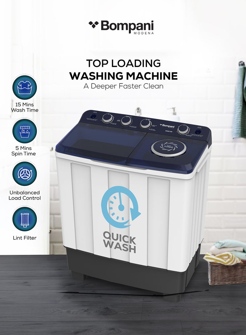 Bompani 11kg Top Load Semi-Automatic Twin Tub Washing Machine – 6kg Spin, 4 Knob Control, Transparent Lid, Lint Filter, Wash Selector 11 L 680 W BWM1150I White - Image 5