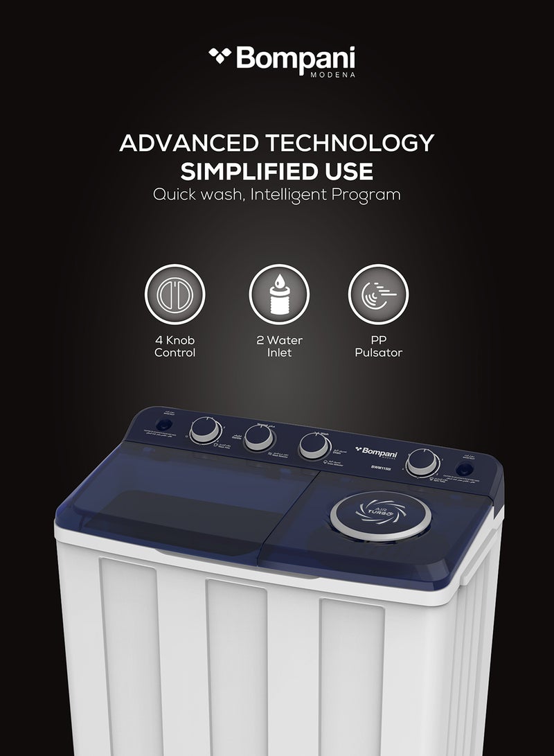Bompani 11kg Top Load Semi-Automatic Twin Tub Washing Machine – 6kg Spin, 4 Knob Control, Transparent Lid, Lint Filter, Wash Selector 11 L 680 W BWM1150I White - Image 4