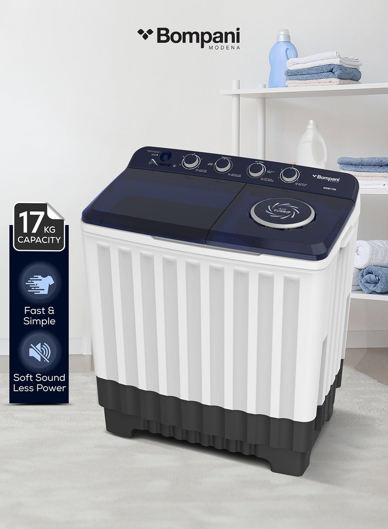 Bompani 17kg Top Load Semi-Automatic Twin Tub Washing Machine – 8kg Spin Capacity, 4 Knob Controls, Lint Filter, Transparent Lid 17 L 760 W BWM1750I White - Image 1
