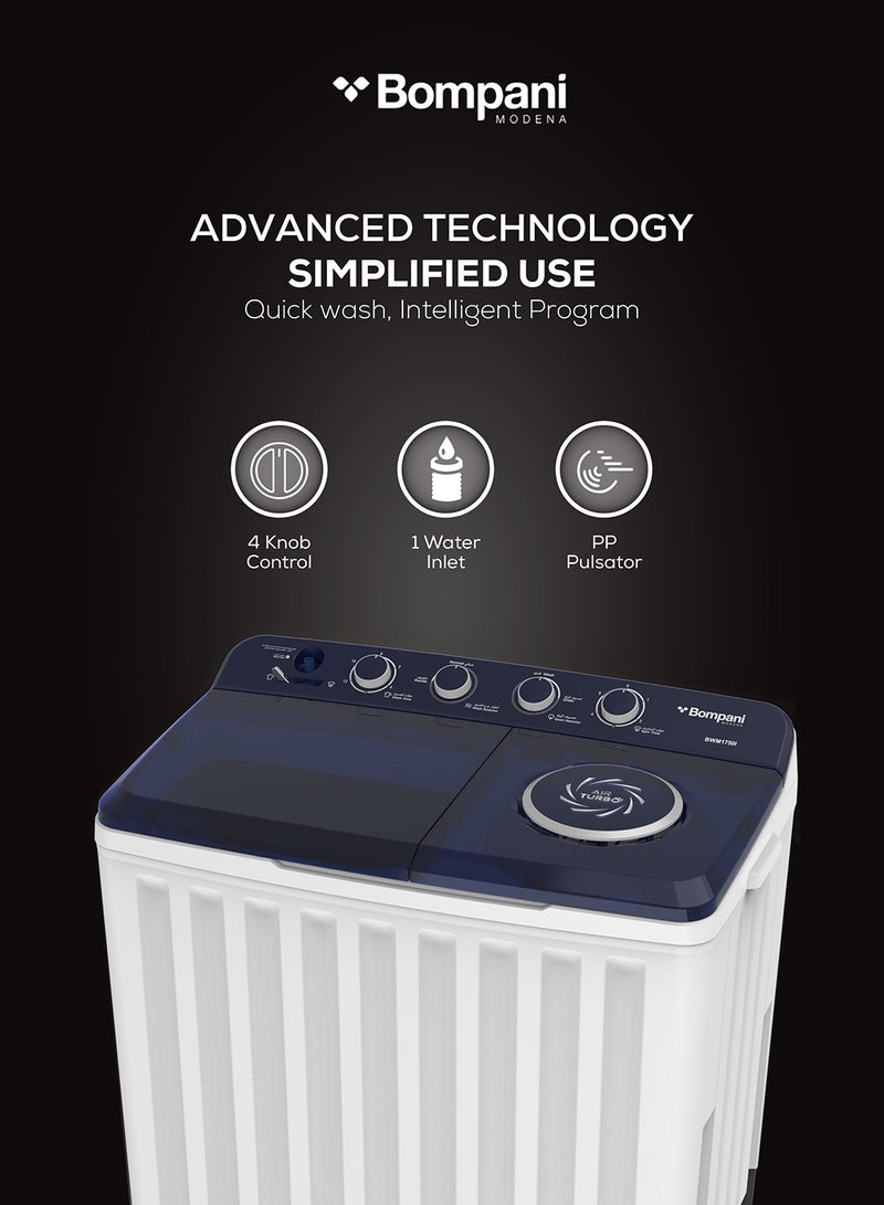 Bompani 17kg Top Load Semi-Automatic Twin Tub Washing Machine – 8kg Spin Capacity, 4 Knob Controls, Lint Filter, Transparent Lid 17 L 760 W BWM1750I White - Image 4