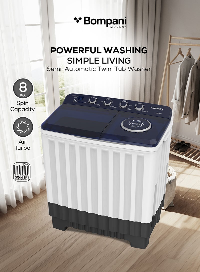 Bompani 17kg Top Load Semi-Automatic Twin Tub Washing Machine – 8kg Spin Capacity, 4 Knob Controls, Lint Filter, Transparent Lid 17 L 760 W BWM1750I White - Image 2