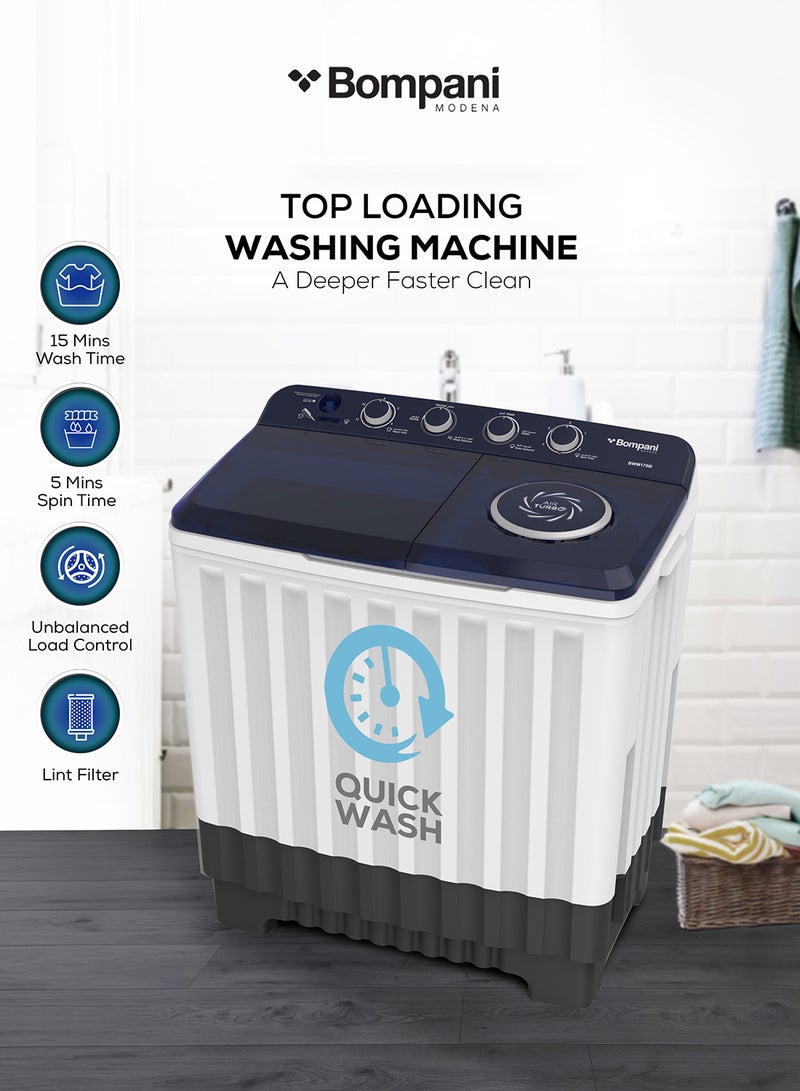 Bompani 17kg Top Load Semi-Automatic Twin Tub Washing Machine – 8kg Spin Capacity, 4 Knob Controls, Lint Filter, Transparent Lid 17 L 760 W BWM1750I White - Image 5