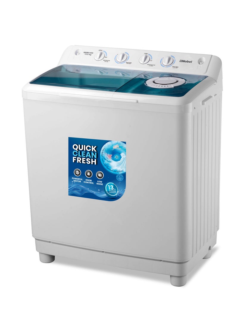 Nobel 13kg Semi-Automatic Twin Tub Top Load Washing Machine – 7.5kg Spin, 4 Control Knobs, Double Layer Cabinet, Blue ABS Lid 13 L 790 W NWM1450 White 