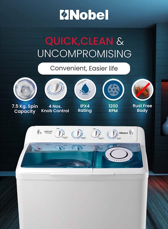 نوبل غسالة ملابس شبه أوتوماتيكية بسعة 13 كجم - 7.5 كجم دوران، 4 أزرار تحكم، خزان مزدوج الطبقة، غطاء ABS أزرق - Image 4