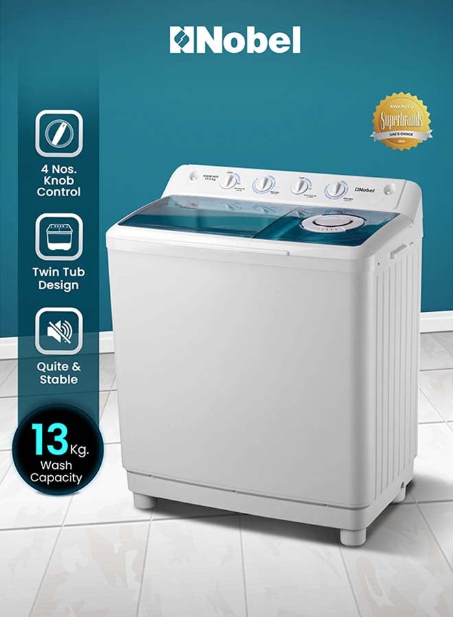 نوبل غسالة ملابس شبه أوتوماتيكية بسعة 13 كجم - 7.5 كجم دوران، 4 أزرار تحكم، خزان مزدوج الطبقة، غطاء ABS أزرق - Image 1