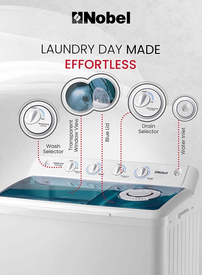 نوبل غسالة ملابس شبه أوتوماتيكية بسعة 13 كجم - 7.5 كجم دوران، 4 أزرار تحكم، خزان مزدوج الطبقة، غطاء ABS أزرق - Image 3