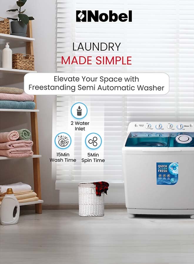 نوبل غسالة ملابس شبه أوتوماتيكية بسعة 13 كجم - 7.5 كجم دوران، 4 أزرار تحكم، خزان مزدوج الطبقة، غطاء ABS أزرق - Image 5