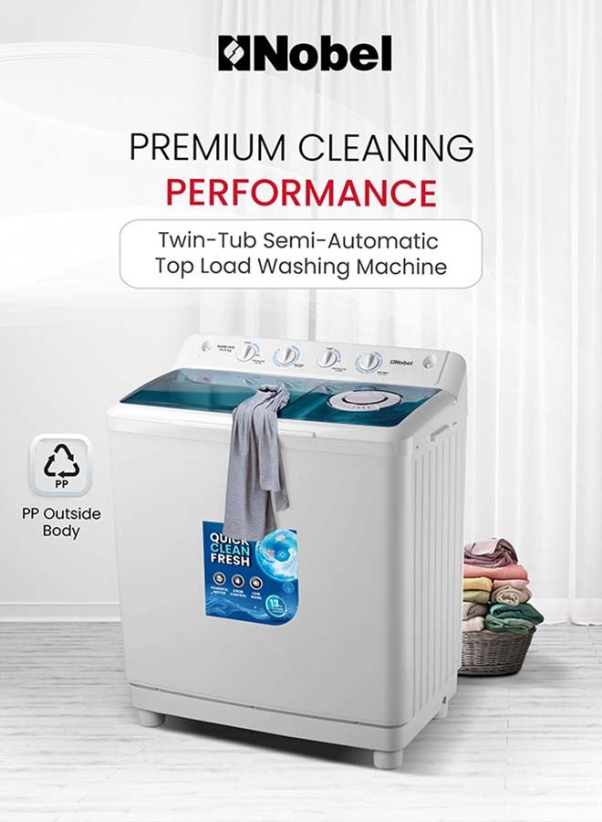 نوبل غسالة ملابس شبه أوتوماتيكية بسعة 13 كجم - 7.5 كجم دوران، 4 أزرار تحكم، خزان مزدوج الطبقة، غطاء ABS أزرق - Image 2