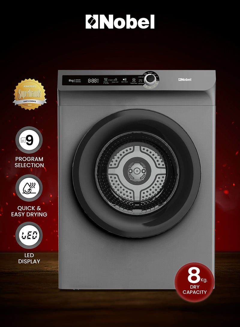 Nobel 8kg Vented Clothes Dryer Front Load– LED Display, 9 Programs, Water Temperature Selector, Child Lock 8 L 2000W - ND8200S Grey 8 L 2000 W ND8200S Grey - Image 1