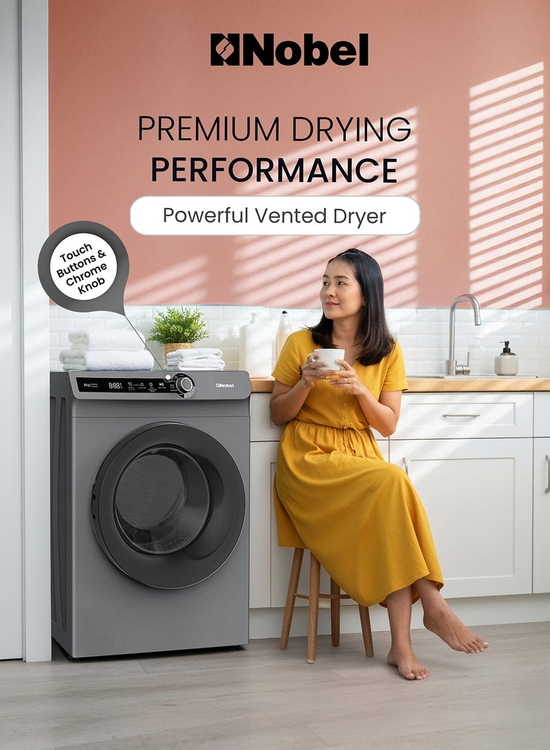 Nobel 8kg Vented Clothes Dryer Front Load– LED Display, 9 Programs, Water Temperature Selector, Child Lock 8 L 2000W - ND8200S Grey 8 L 2000 W ND8200S Grey - Image 2